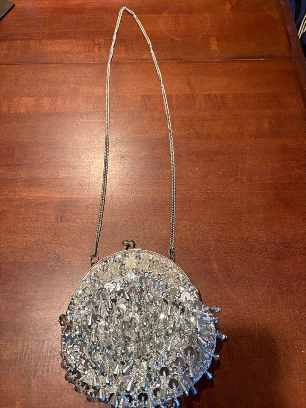 Vintage - Silver Sequin Beaded Evening Bag - Chain Clutch - Made in Hong Kong